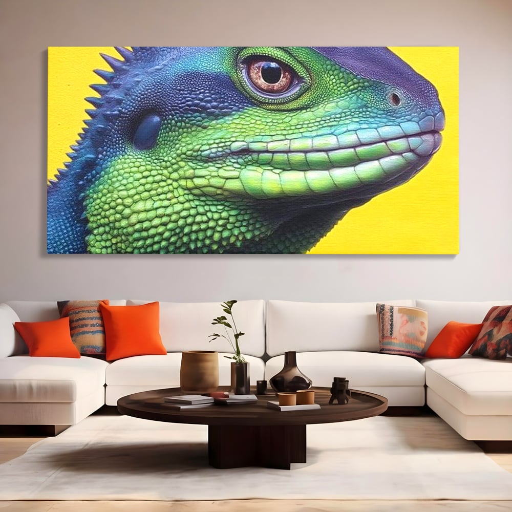 Leinwand Wandkunst Leinwand Premium, LuxCanva® M1520, Eidechse Pop, Reptila, Reptila, Eidechse, Dschungel, Tropisch, Exotisch, Lebendige Farben, Neon, Schlafzimmer, Büro, Wohnzimmer, Kinderzimmer