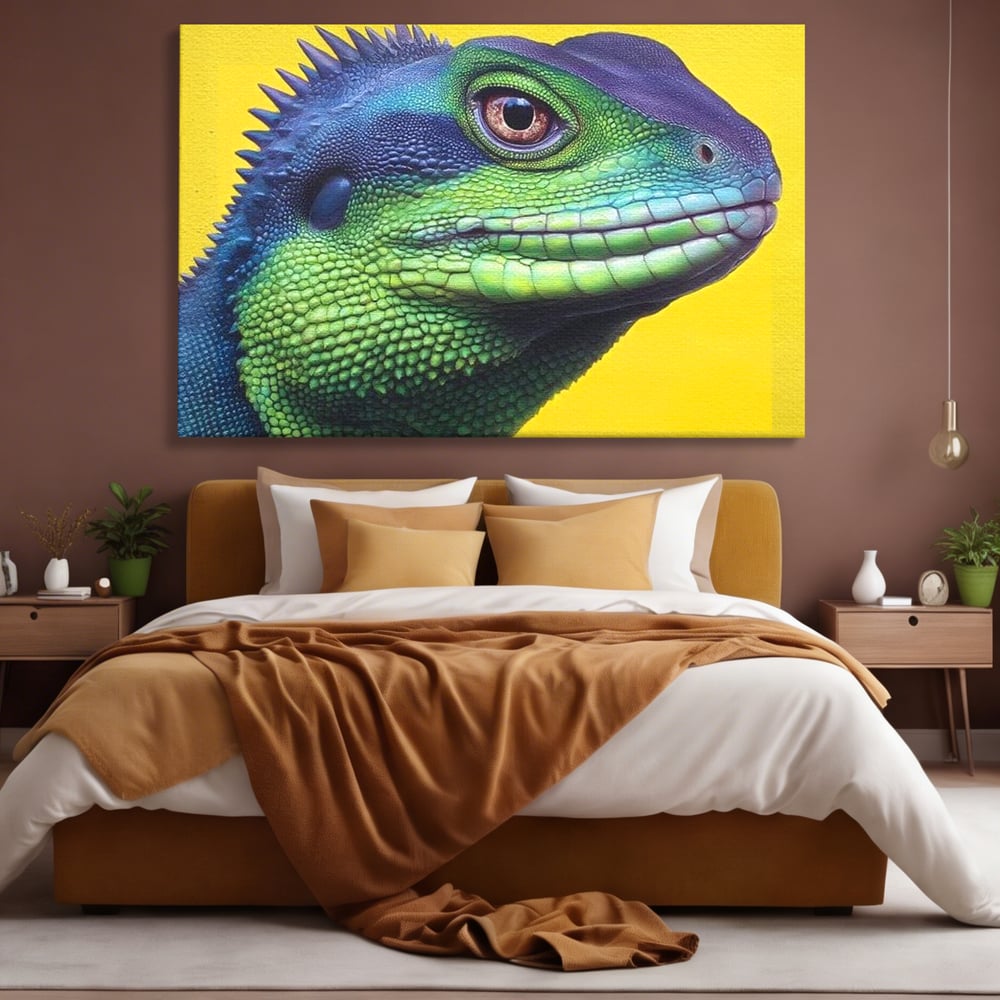 Leinwand Wandkunst Leinwand Premium, LuxCanva® M1520, Eidechse Pop, Reptila, Reptila, Eidechse, Dschungel, Tropisch, Exotisch, Lebendige Farben, Neon, Schlafzimmer, Büro, Wohnzimmer, Kinderzimmer