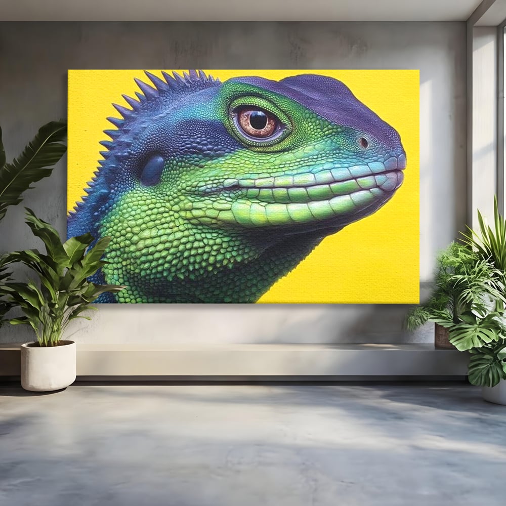 Leinwand Wandkunst Leinwand Premium, LuxCanva® M1520, Eidechse Pop, Reptila, Reptila, Eidechse, Dschungel, Tropisch, Exotisch, Lebendige Farben, Neon, Schlafzimmer, Büro, Wohnzimmer, Kinderzimmer