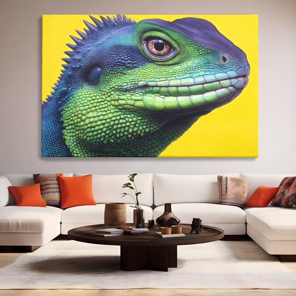 Leinwand Wandkunst Leinwand Premium, LuxCanva® M1520, Eidechse Pop, Reptila, Reptila, Eidechse, Dschungel, Tropisch, Exotisch, Lebendige Farben, Neon, Schlafzimmer, Büro, Wohnzimmer, Kinderzimmer