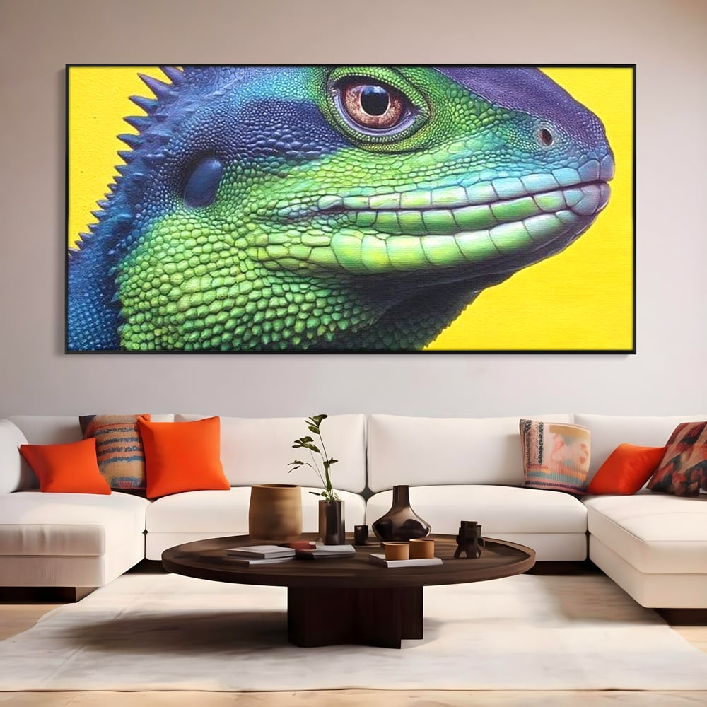 Leinwand Wandkunst Leinwand Premium, LuxCanva® M1520, Eidechse Pop, Reptila, Reptila, Eidechse, Dschungel, Tropisch, Exotisch, Lebendige Farben, Neon, Schlafzimmer, Büro, Wohnzimmer, Kinderzimmer