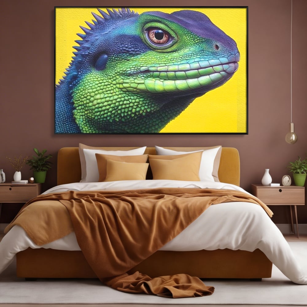 Leinwand Wandkunst Leinwand Premium, LuxCanva® M1520, Eidechse Pop, Reptila, Reptila, Eidechse, Dschungel, Tropisch, Exotisch, Lebendige Farben, Neon, Schlafzimmer, Büro, Wohnzimmer, Kinderzimmer