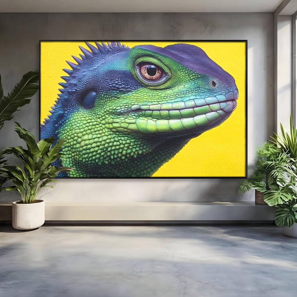 Leinwand Wandkunst Leinwand Premium, LuxCanva® M1520, Eidechse Pop, Reptila, Reptila, Eidechse, Dschungel, Tropisch, Exotisch, Lebendige Farben, Neon, Schlafzimmer, Büro, Wohnzimmer, Kinderzimmer