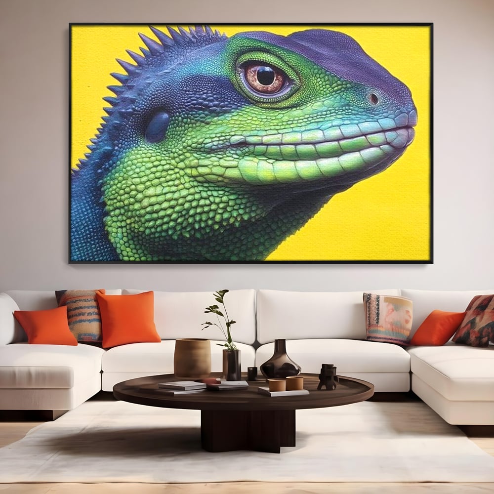 Leinwand Wandkunst Leinwand Premium, LuxCanva® M1520, Eidechse Pop, Reptila, Reptila, Eidechse, Dschungel, Tropisch, Exotisch, Lebendige Farben, Neon, Schlafzimmer, Büro, Wohnzimmer, Kinderzimmer