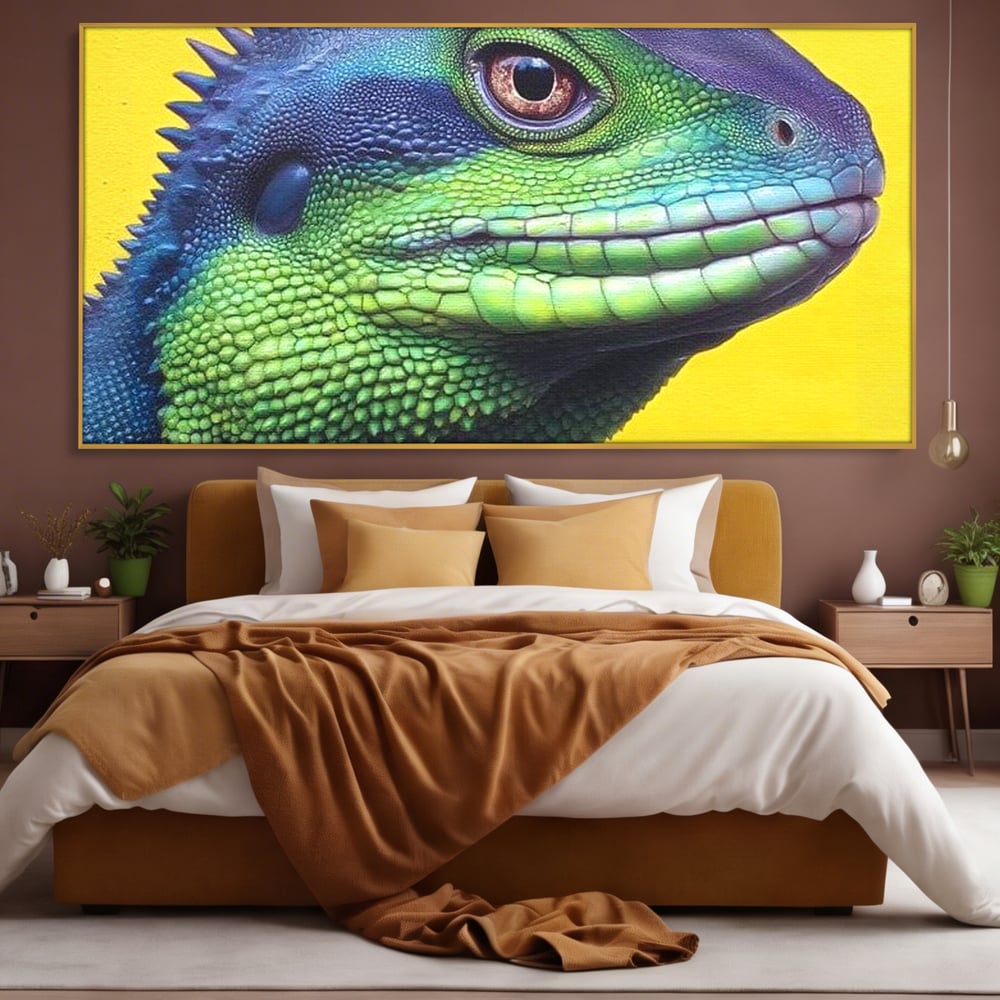 Leinwand Wandkunst Leinwand Premium, LuxCanva® M1520, Eidechse Pop, Reptila, Reptila, Eidechse, Dschungel, Tropisch, Exotisch, Lebendige Farben, Neon, Schlafzimmer, Büro, Wohnzimmer, Kinderzimmer