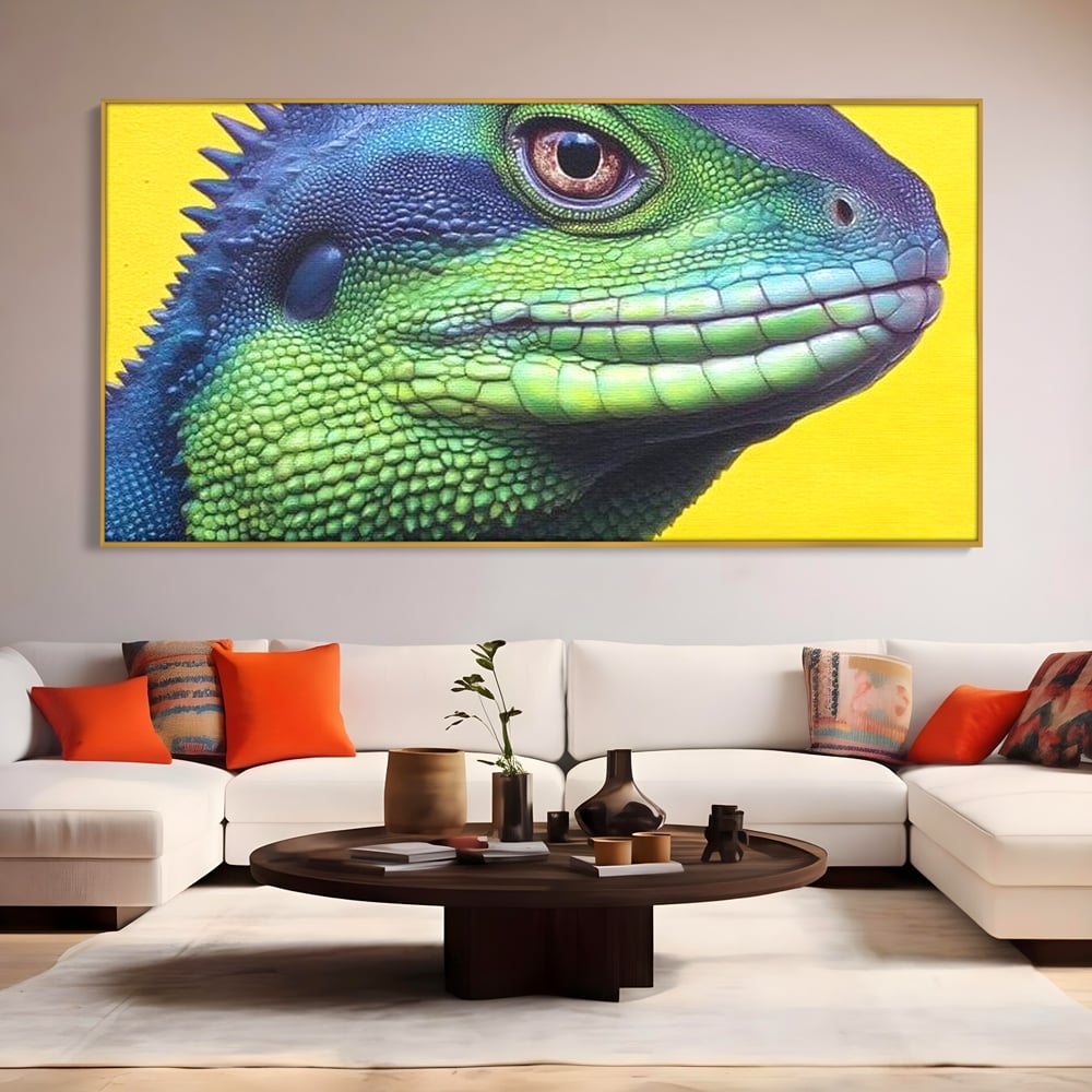 Leinwand Wandkunst Leinwand Premium, LuxCanva® M1520, Eidechse Pop, Reptila, Reptila, Eidechse, Dschungel, Tropisch, Exotisch, Lebendige Farben, Neon, Schlafzimmer, Büro, Wohnzimmer, Kinderzimmer
