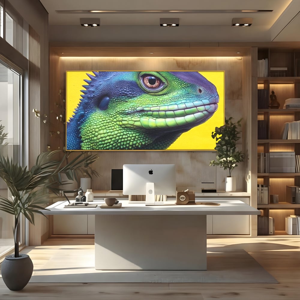 Leinwand Wandkunst Leinwand Premium, LuxCanva® M1520, Eidechse Pop, Reptila, Reptila, Eidechse, Dschungel, Tropisch, Exotisch, Lebendige Farben, Neon, Schlafzimmer, Büro, Wohnzimmer, Kinderzimmer