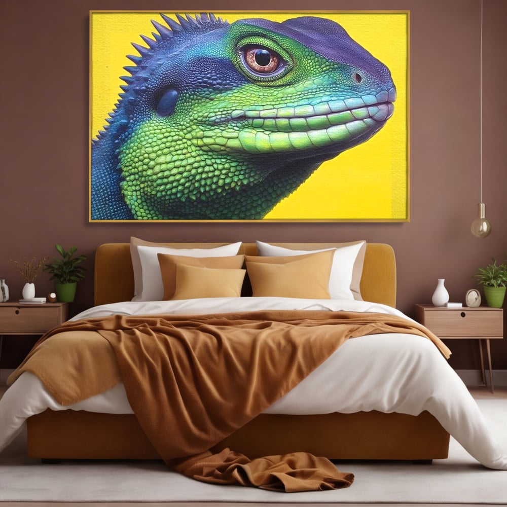 Leinwand Wandkunst Leinwand Premium, LuxCanva® M1520, Eidechse Pop, Reptila, Reptila, Eidechse, Dschungel, Tropisch, Exotisch, Lebendige Farben, Neon, Schlafzimmer, Büro, Wohnzimmer, Kinderzimmer