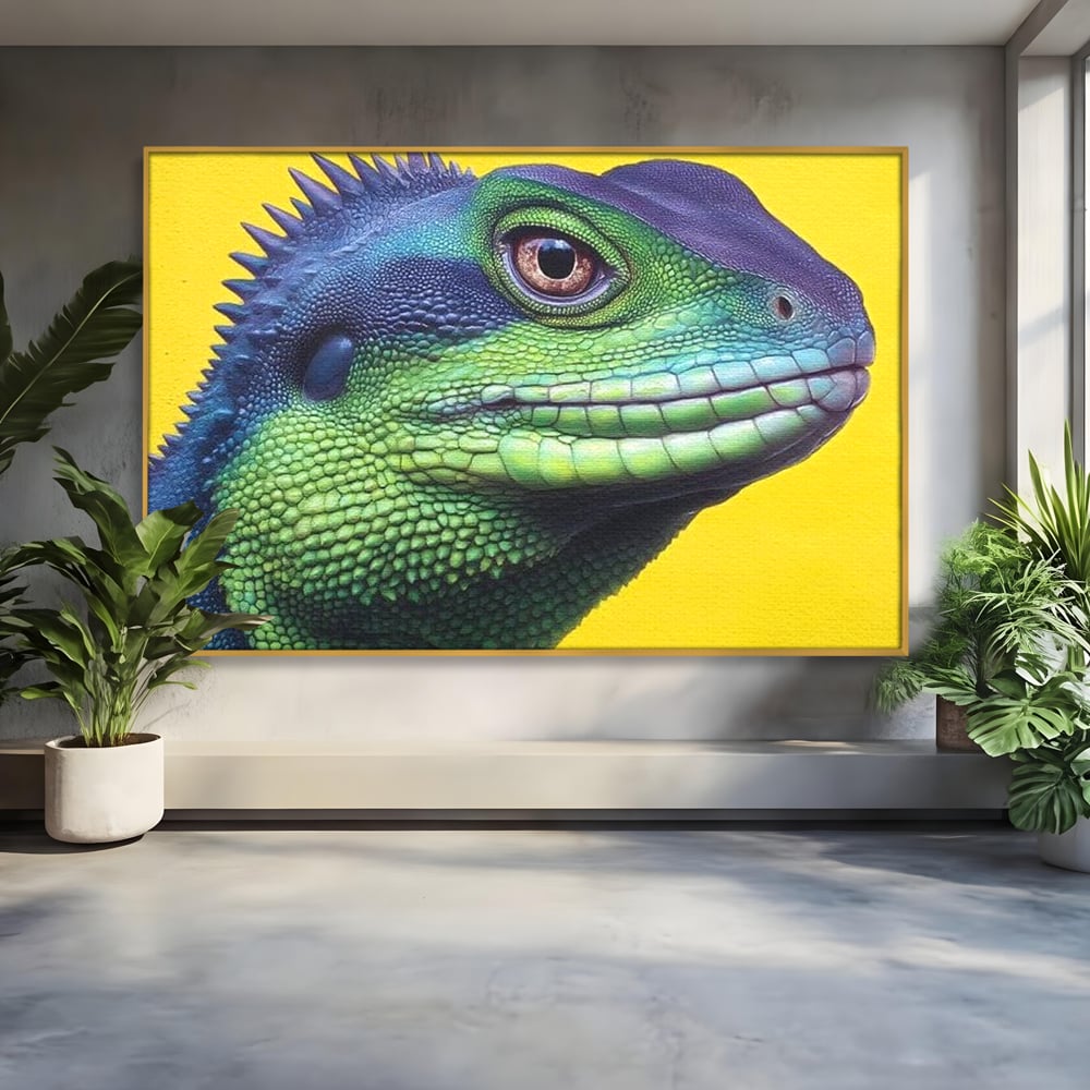 Leinwand Wandkunst Leinwand Premium, LuxCanva® M1520, Eidechse Pop, Reptila, Reptila, Eidechse, Dschungel, Tropisch, Exotisch, Lebendige Farben, Neon, Schlafzimmer, Büro, Wohnzimmer, Kinderzimmer
