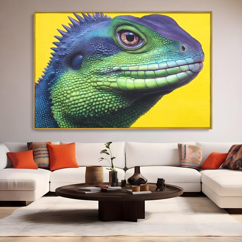 Leinwand Wandkunst Leinwand Premium, LuxCanva® M1520, Eidechse Pop, Reptila, Reptila, Eidechse, Dschungel, Tropisch, Exotisch, Lebendige Farben, Neon, Schlafzimmer, Büro, Wohnzimmer, Kinderzimmer