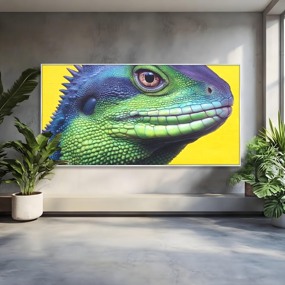 Leinwand Wandkunst Leinwand Premium, LuxCanva® M1520, Eidechse Pop, Reptila, Reptila, Eidechse, Dschungel, Tropisch, Exotisch, Lebendige Farben, Neon, Schlafzimmer, Büro, Wohnzimmer, Kinderzimmer