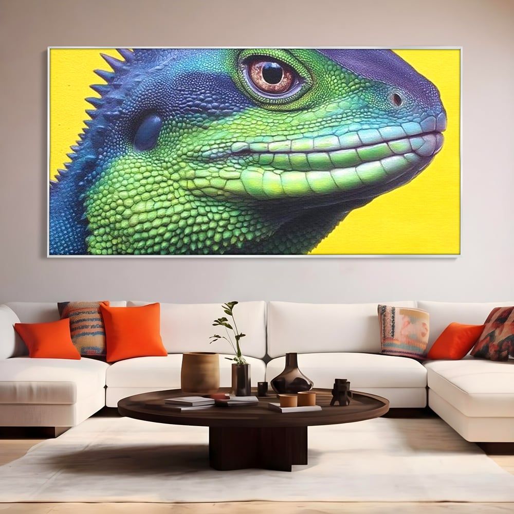 Leinwand Wandkunst Leinwand Premium, LuxCanva® M1520, Eidechse Pop, Reptila, Reptila, Eidechse, Dschungel, Tropisch, Exotisch, Lebendige Farben, Neon, Schlafzimmer, Büro, Wohnzimmer, Kinderzimmer