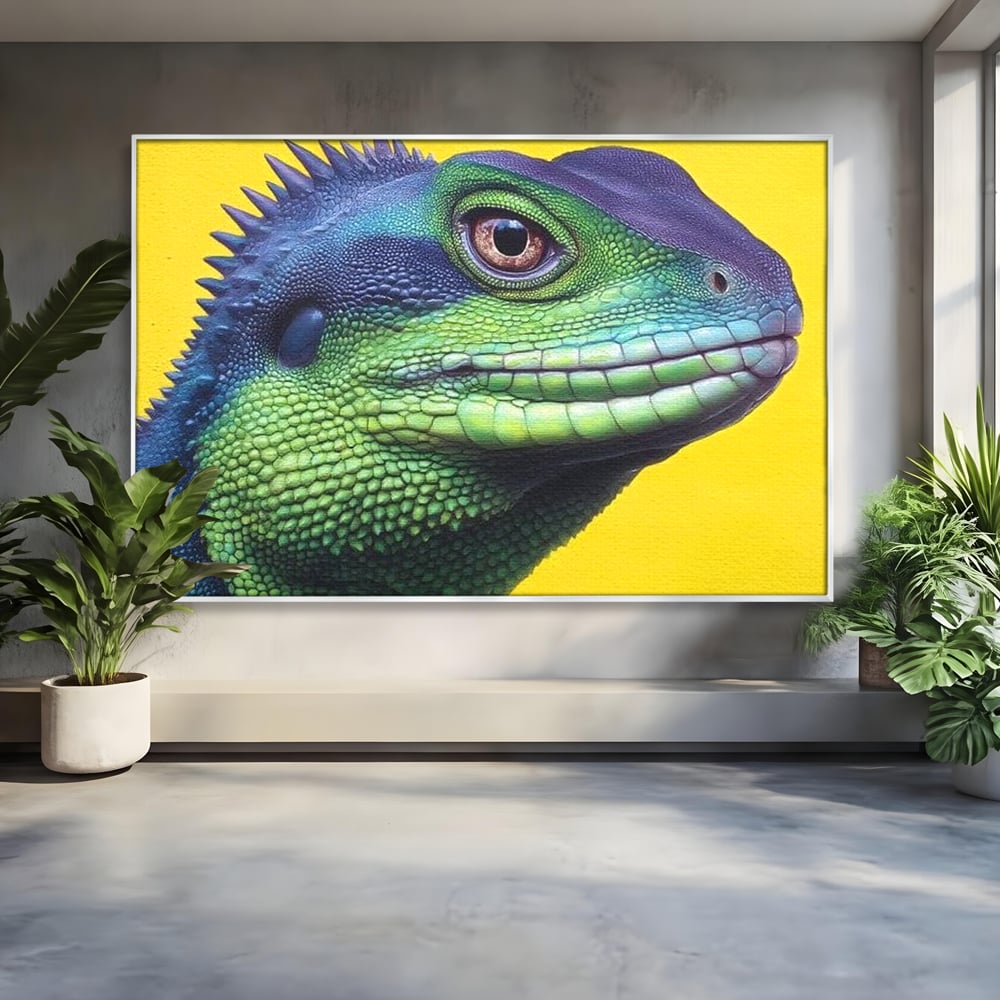Leinwand Wandkunst Leinwand Premium, LuxCanva® M1520, Eidechse Pop, Reptila, Reptila, Eidechse, Dschungel, Tropisch, Exotisch, Lebendige Farben, Neon, Schlafzimmer, Büro, Wohnzimmer, Kinderzimmer