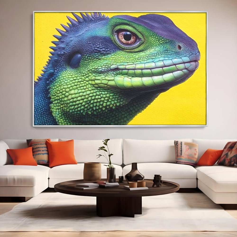 Leinwand Wandkunst Leinwand Premium, LuxCanva® M1520, Eidechse Pop, Reptila, Reptila, Eidechse, Dschungel, Tropisch, Exotisch, Lebendige Farben, Neon, Schlafzimmer, Büro, Wohnzimmer, Kinderzimmer