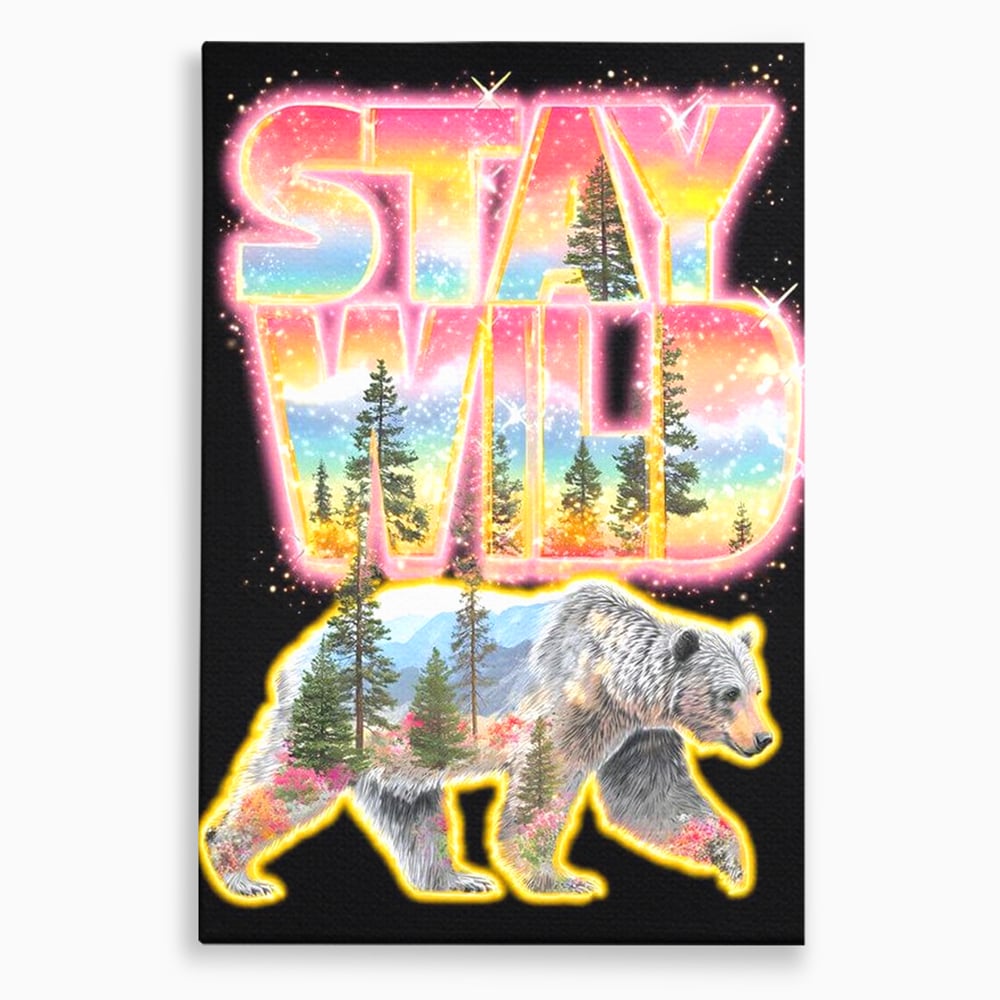 Leinwand Wandkunst Canvas Premium, LuxCanva® M1521, Wilde Freiheit, Bär, Tier, Landschaft, Natur, Wildnis, Neon, leuchtend, Schlafzimmer, Büro, Wohnzimmer, Kinderzimmer
