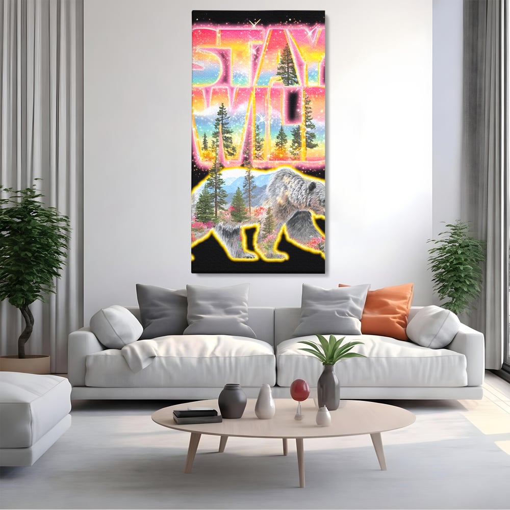 Leinwand Wandkunst Canvas Premium, LuxCanva® M1521, Wilde Freiheit, Bär, Tier, Landschaft, Natur, Wildnis, Neon, leuchtend, Schlafzimmer, Büro, Wohnzimmer, Kinderzimmer