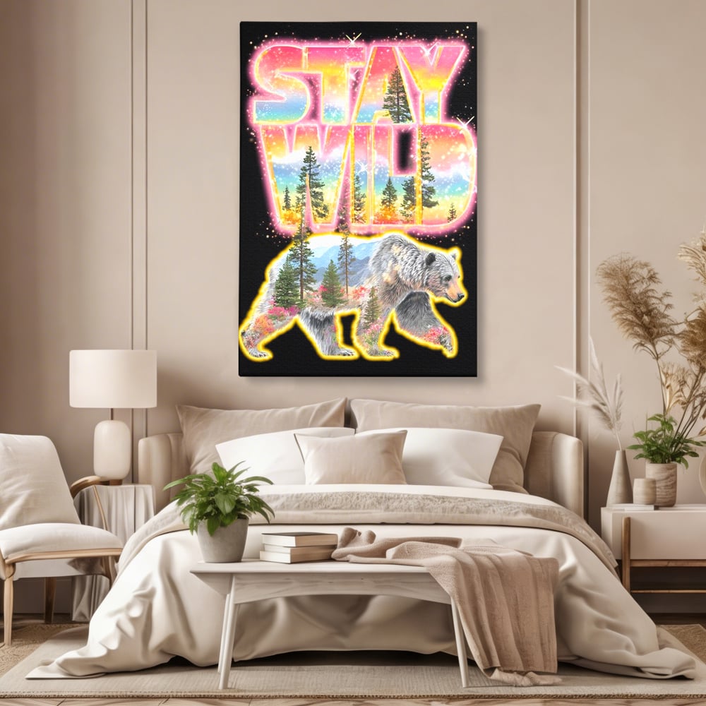 Leinwand Wandkunst Canvas Premium, LuxCanva® M1521, Wilde Freiheit, Bär, Tier, Landschaft, Natur, Wildnis, Neon, leuchtend, Schlafzimmer, Büro, Wohnzimmer, Kinderzimmer