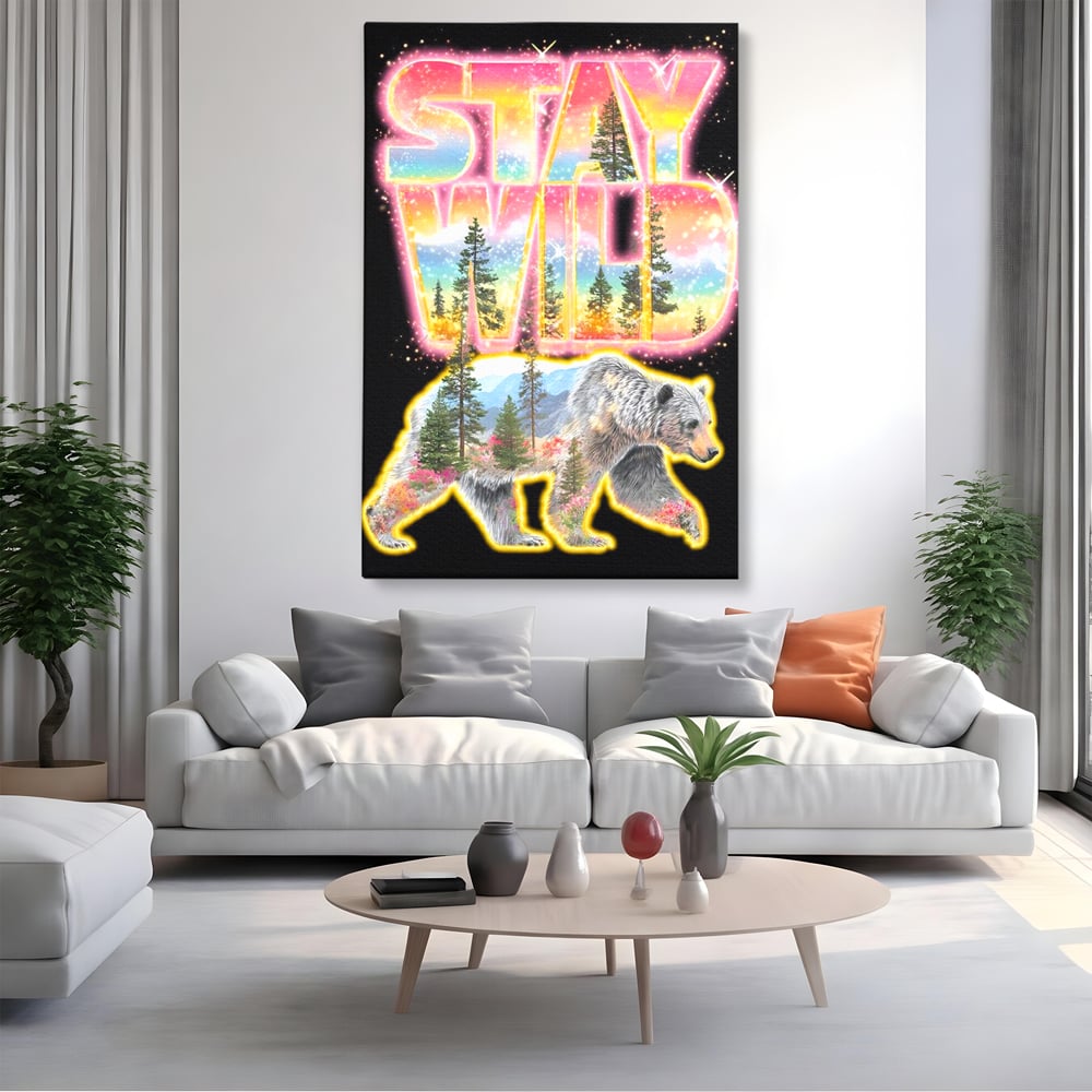 Leinwand Wandkunst Canvas Premium, LuxCanva® M1521, Wilde Freiheit, Bär, Tier, Landschaft, Natur, Wildnis, Neon, leuchtend, Schlafzimmer, Büro, Wohnzimmer, Kinderzimmer