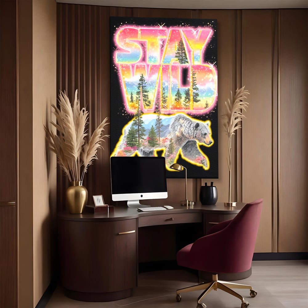 Leinwand Wandkunst Canvas Premium, LuxCanva® M1521, Wilde Freiheit, Bär, Tier, Landschaft, Natur, Wildnis, Neon, leuchtend, Schlafzimmer, Büro, Wohnzimmer, Kinderzimmer