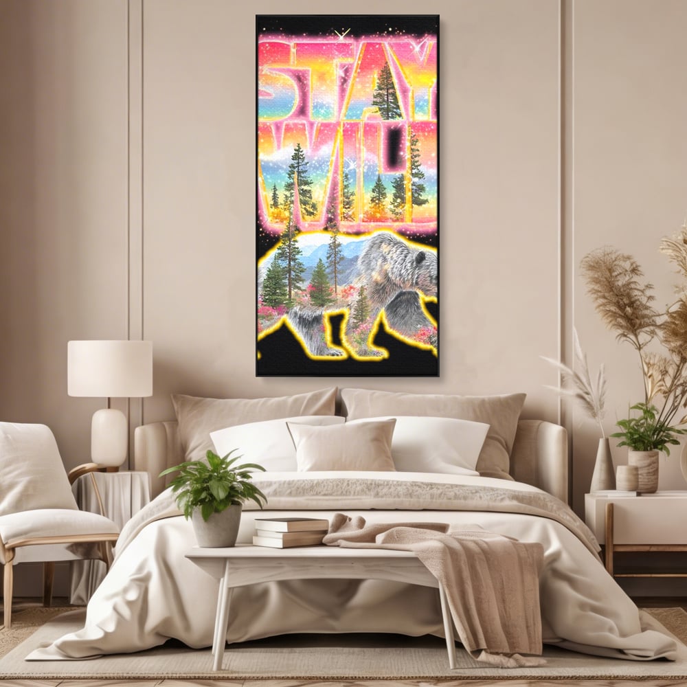 Leinwand Wandkunst Canvas Premium, LuxCanva® M1521, Wilde Freiheit, Bär, Tier, Landschaft, Natur, Wildnis, Neon, leuchtend, Schlafzimmer, Büro, Wohnzimmer, Kinderzimmer