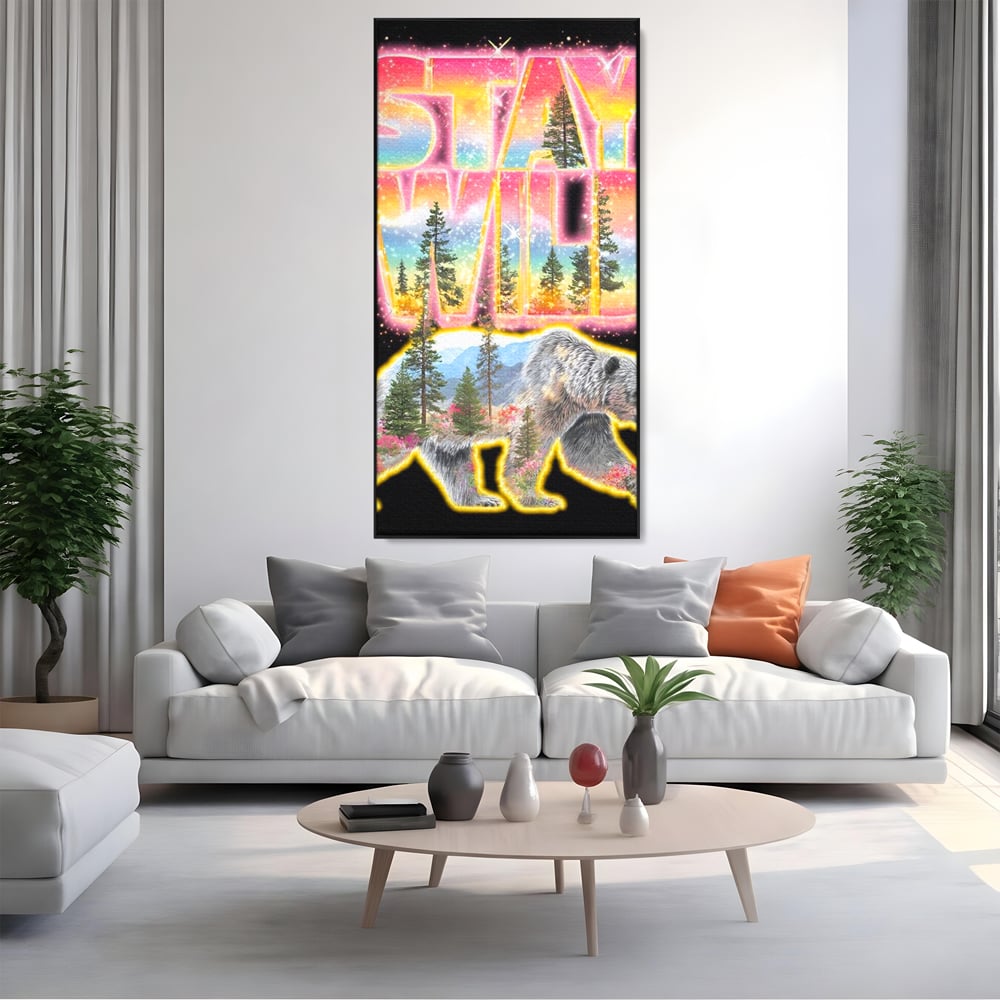 Leinwand Wandkunst Canvas Premium, LuxCanva® M1521, Wilde Freiheit, Bär, Tier, Landschaft, Natur, Wildnis, Neon, leuchtend, Schlafzimmer, Büro, Wohnzimmer, Kinderzimmer