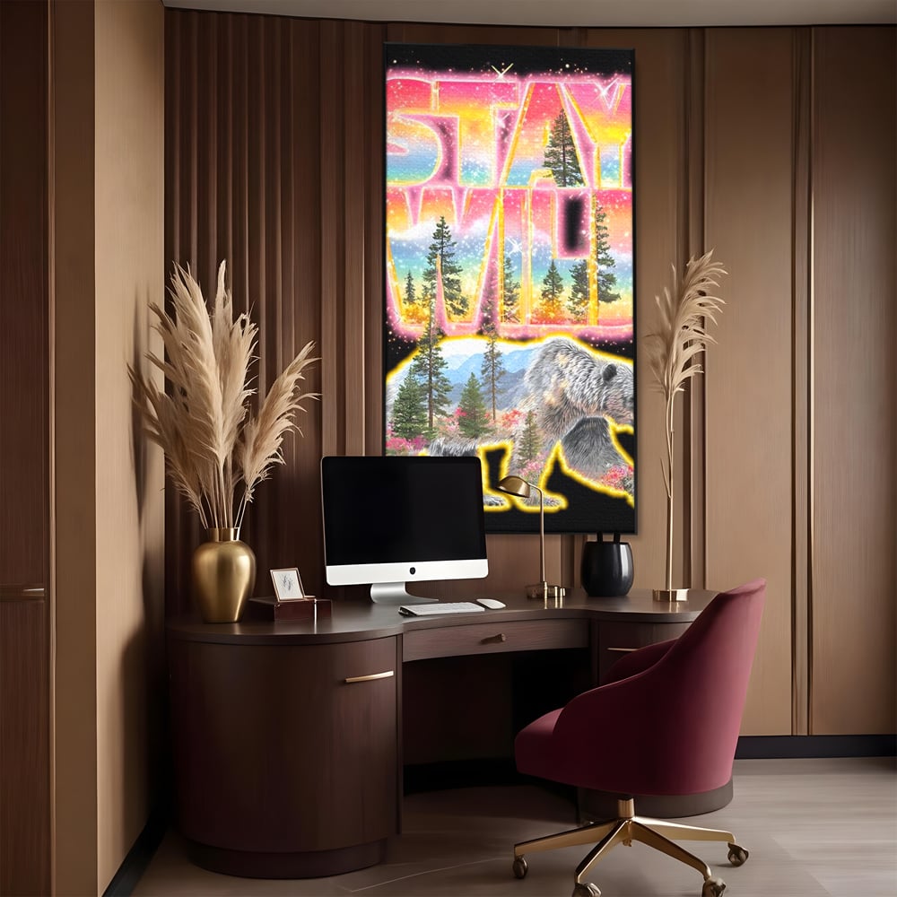 Leinwand Wandkunst Canvas Premium, LuxCanva® M1521, Wilde Freiheit, Bär, Tier, Landschaft, Natur, Wildnis, Neon, leuchtend, Schlafzimmer, Büro, Wohnzimmer, Kinderzimmer