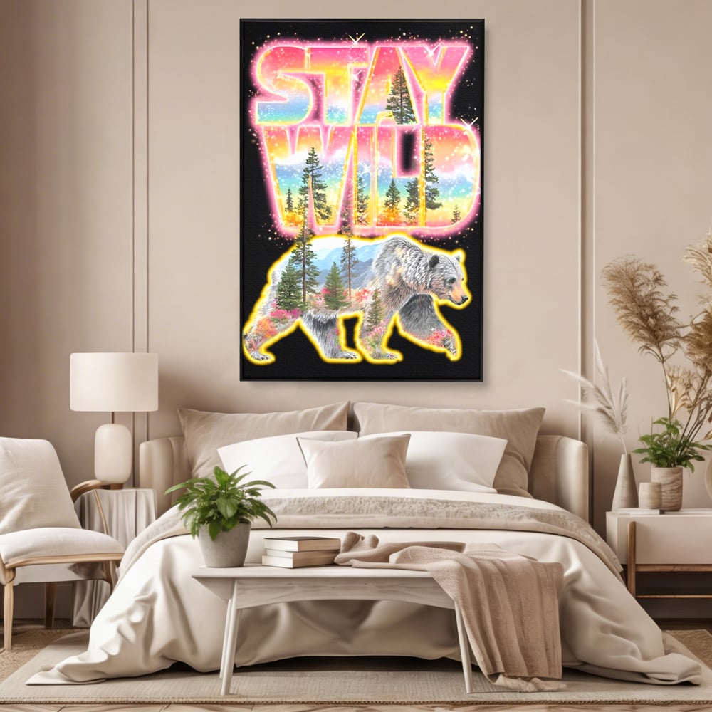 Leinwand Wandkunst Canvas Premium, LuxCanva® M1521, Wilde Freiheit, Bär, Tier, Landschaft, Natur, Wildnis, Neon, leuchtend, Schlafzimmer, Büro, Wohnzimmer, Kinderzimmer