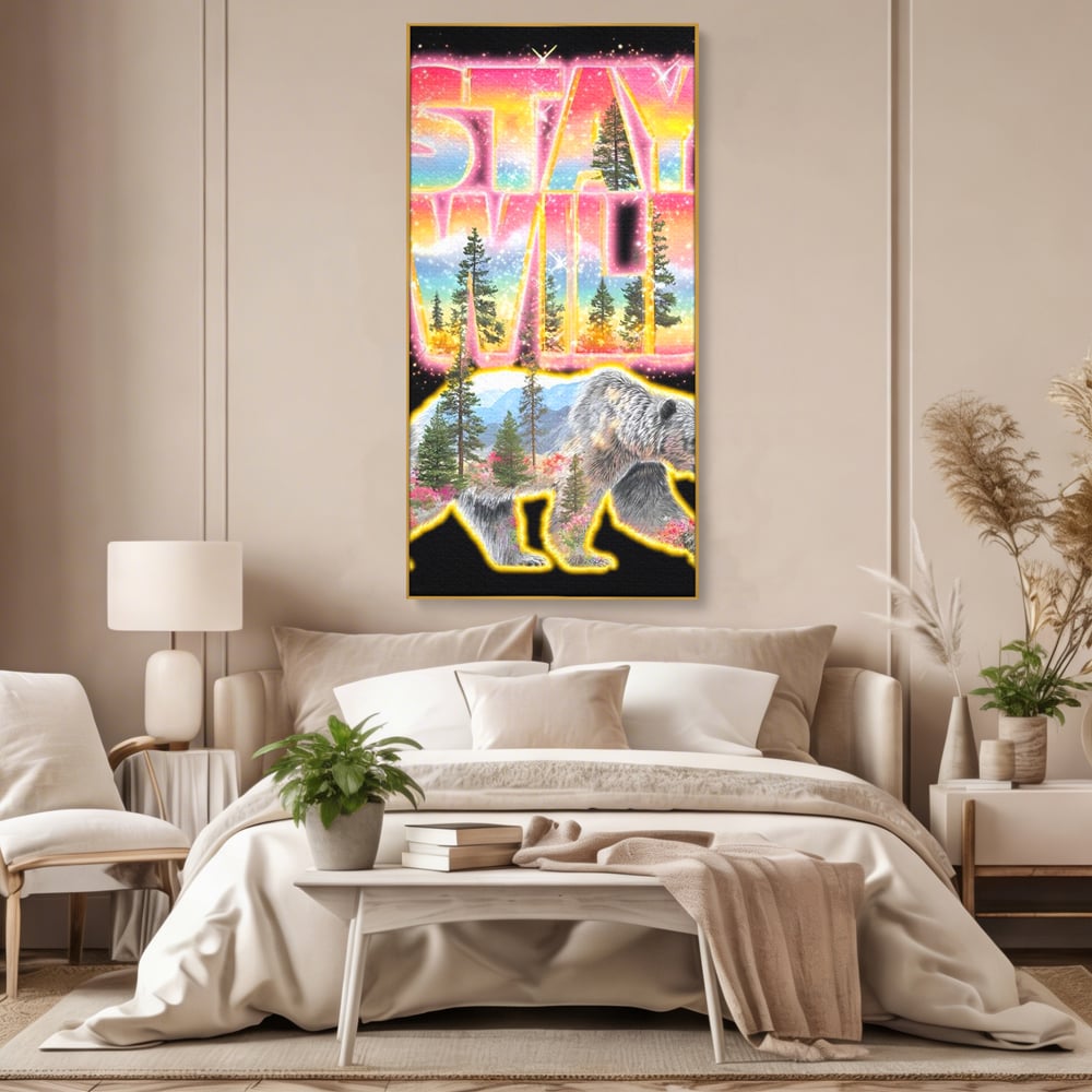 Leinwand Wandkunst Canvas Premium, LuxCanva® M1521, Wilde Freiheit, Bär, Tier, Landschaft, Natur, Wildnis, Neon, leuchtend, Schlafzimmer, Büro, Wohnzimmer, Kinderzimmer