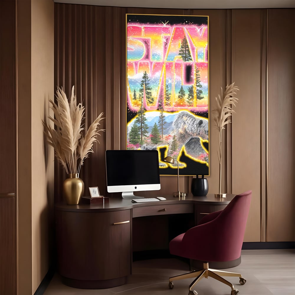 Leinwand Wandkunst Canvas Premium, LuxCanva® M1521, Wilde Freiheit, Bär, Tier, Landschaft, Natur, Wildnis, Neon, leuchtend, Schlafzimmer, Büro, Wohnzimmer, Kinderzimmer