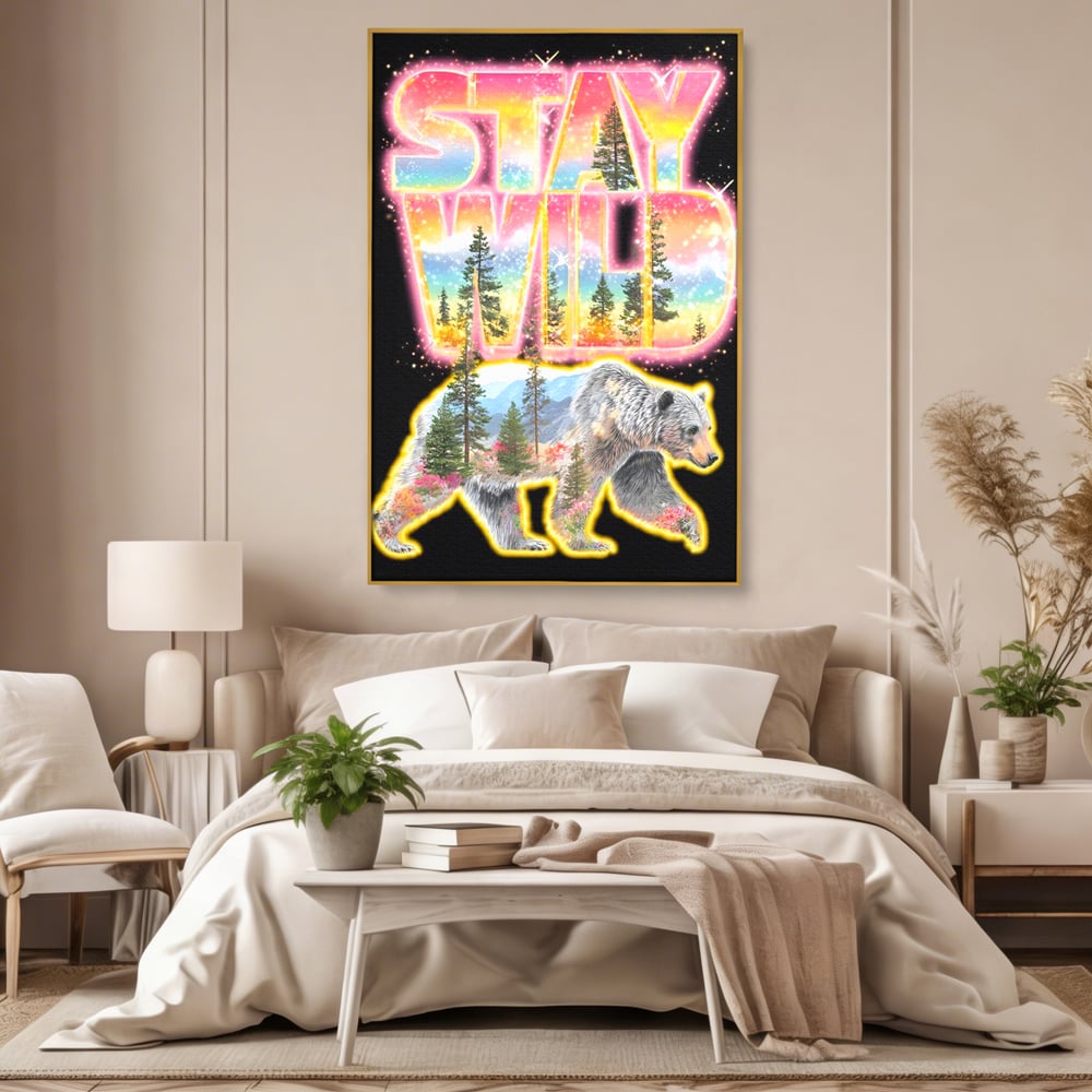 Leinwand Wandkunst Canvas Premium, LuxCanva® M1521, Wilde Freiheit, Bär, Tier, Landschaft, Natur, Wildnis, Neon, leuchtend, Schlafzimmer, Büro, Wohnzimmer, Kinderzimmer