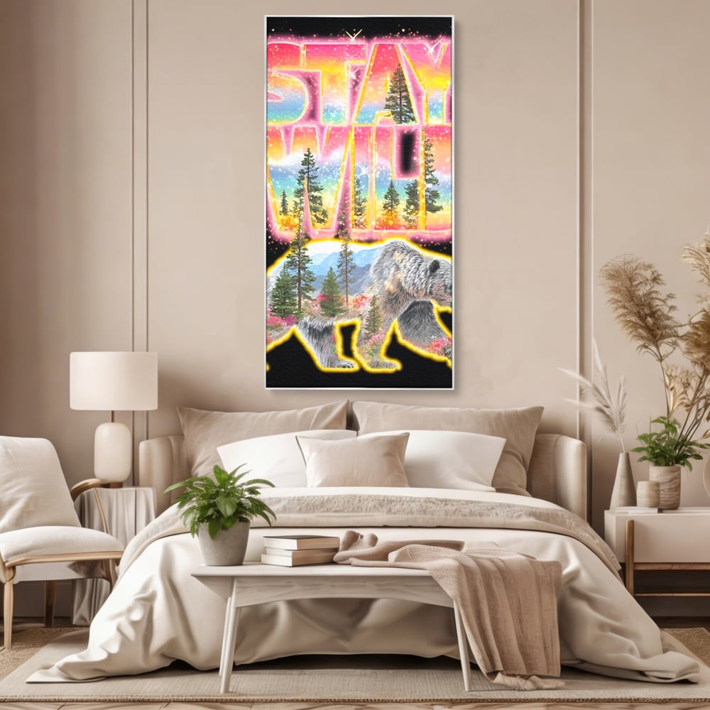 Leinwand Wandkunst Canvas Premium, LuxCanva® M1521, Wilde Freiheit, Bär, Tier, Landschaft, Natur, Wildnis, Neon, leuchtend, Schlafzimmer, Büro, Wohnzimmer, Kinderzimmer