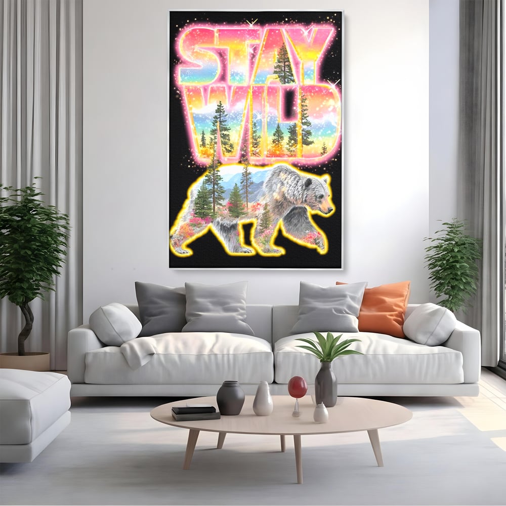 Leinwand Wandkunst Canvas Premium, LuxCanva® M1521, Wilde Freiheit, Bär, Tier, Landschaft, Natur, Wildnis, Neon, leuchtend, Schlafzimmer, Büro, Wohnzimmer, Kinderzimmer