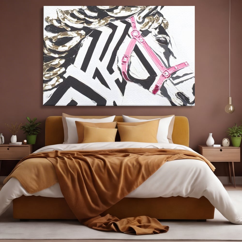 Leinwandbilder Premium, LuxCanva® M1526, Grace in einer rosa Hängematte, Streifen, Linien, Pferd, Pferdesattel, ausdrucksstark, Design, modern, Tier, Kontrast, Schlafzimmer, Büro, Wohnen, Wohnzimmer, Kinderzimmer