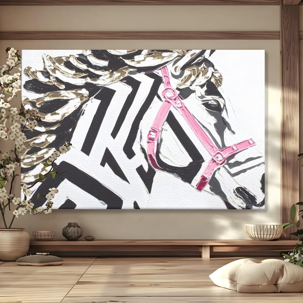 Leinwandbilder Premium, LuxCanva® M1526, Grace in einer rosa Hängematte, Streifen, Linien, Pferd, Pferdesattel, ausdrucksstark, Design, modern, Tier, Kontrast, Schlafzimmer, Büro, Wohnen, Wohnzimmer, Kinderzimmer