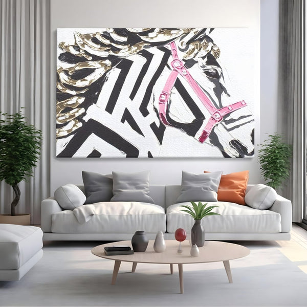 Leinwandbilder Premium, LuxCanva® M1526, Grace in einer rosa Hängematte, Streifen, Linien, Pferd, Pferdesattel, ausdrucksstark, Design, modern, Tier, Kontrast, Schlafzimmer, Büro, Wohnen, Wohnzimmer, Kinderzimmer