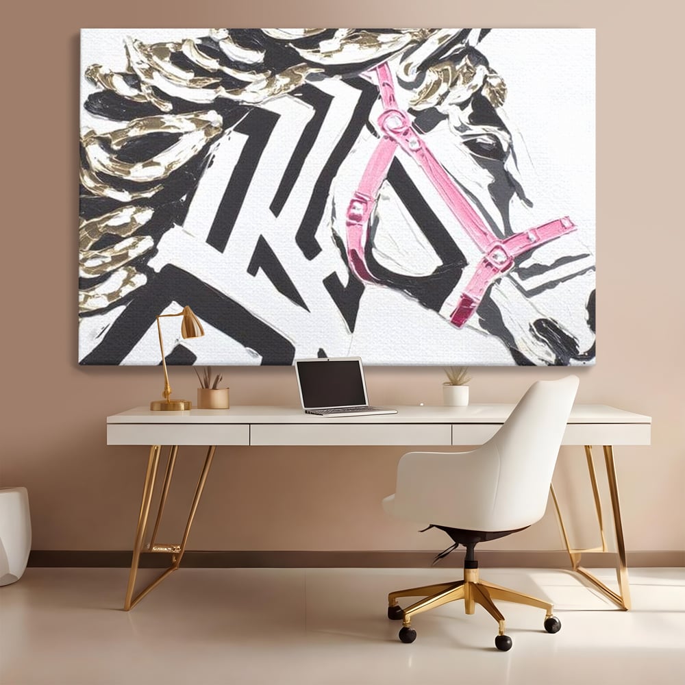 Leinwandbilder Premium, LuxCanva® M1526, Grace in einer rosa Hängematte, Streifen, Linien, Pferd, Pferdesattel, ausdrucksstark, Design, modern, Tier, Kontrast, Schlafzimmer, Büro, Wohnen, Wohnzimmer, Kinderzimmer