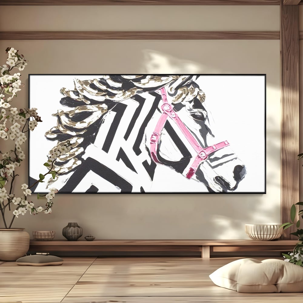 Leinwandbilder Premium, LuxCanva® M1526, Grace in einer rosa Hängematte, Streifen, Linien, Pferd, Pferdesattel, ausdrucksstark, Design, modern, Tier, Kontrast, Schlafzimmer, Büro, Wohnen, Wohnzimmer, Kinderzimmer