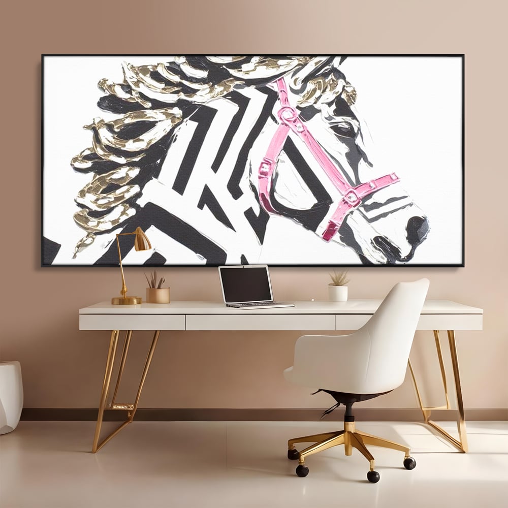 Leinwandbilder Premium, LuxCanva® M1526, Grace in einer rosa Hängematte, Streifen, Linien, Pferd, Pferdesattel, ausdrucksstark, Design, modern, Tier, Kontrast, Schlafzimmer, Büro, Wohnen, Wohnzimmer, Kinderzimmer