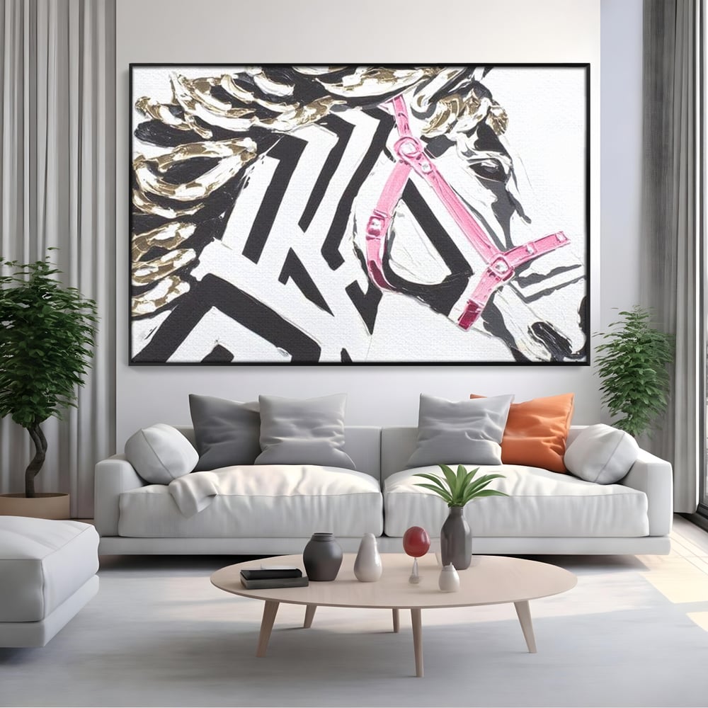 Leinwandbilder Premium, LuxCanva® M1526, Grace in einer rosa Hängematte, Streifen, Linien, Pferd, Pferdesattel, ausdrucksstark, Design, modern, Tier, Kontrast, Schlafzimmer, Büro, Wohnen, Wohnzimmer, Kinderzimmer
