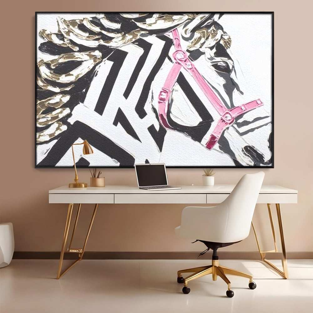 Leinwandbilder Premium, LuxCanva® M1526, Grace in einer rosa Hängematte, Streifen, Linien, Pferd, Pferdesattel, ausdrucksstark, Design, modern, Tier, Kontrast, Schlafzimmer, Büro, Wohnen, Wohnzimmer, Kinderzimmer