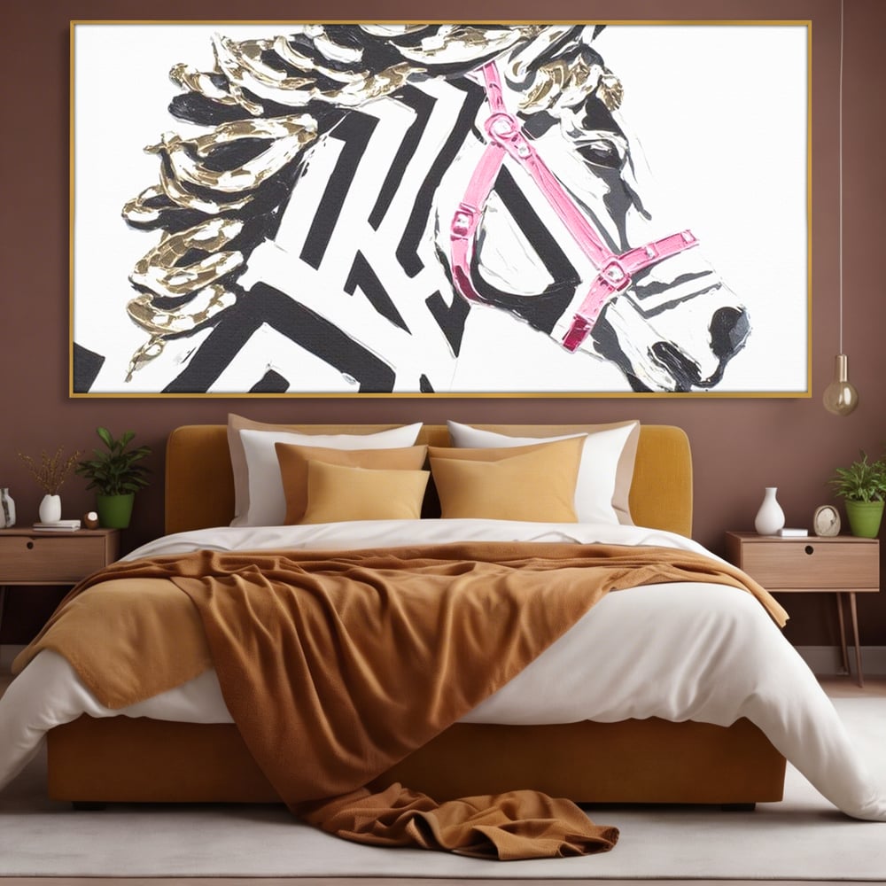 Leinwandbilder Premium, LuxCanva® M1526, Grace in einer rosa Hängematte, Streifen, Linien, Pferd, Pferdesattel, ausdrucksstark, Design, modern, Tier, Kontrast, Schlafzimmer, Büro, Wohnen, Wohnzimmer, Kinderzimmer