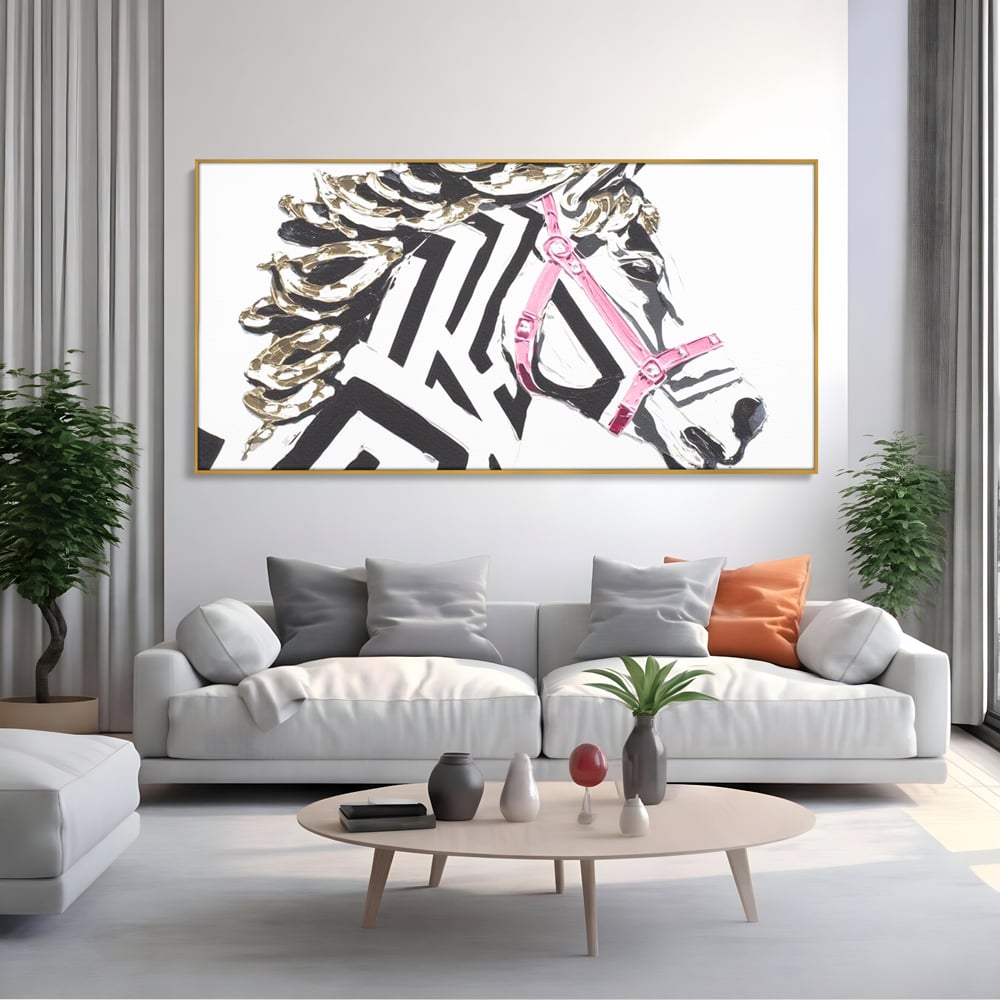 Leinwandbilder Premium, LuxCanva® M1526, Grace in einer rosa Hängematte, Streifen, Linien, Pferd, Pferdesattel, ausdrucksstark, Design, modern, Tier, Kontrast, Schlafzimmer, Büro, Wohnen, Wohnzimmer, Kinderzimmer