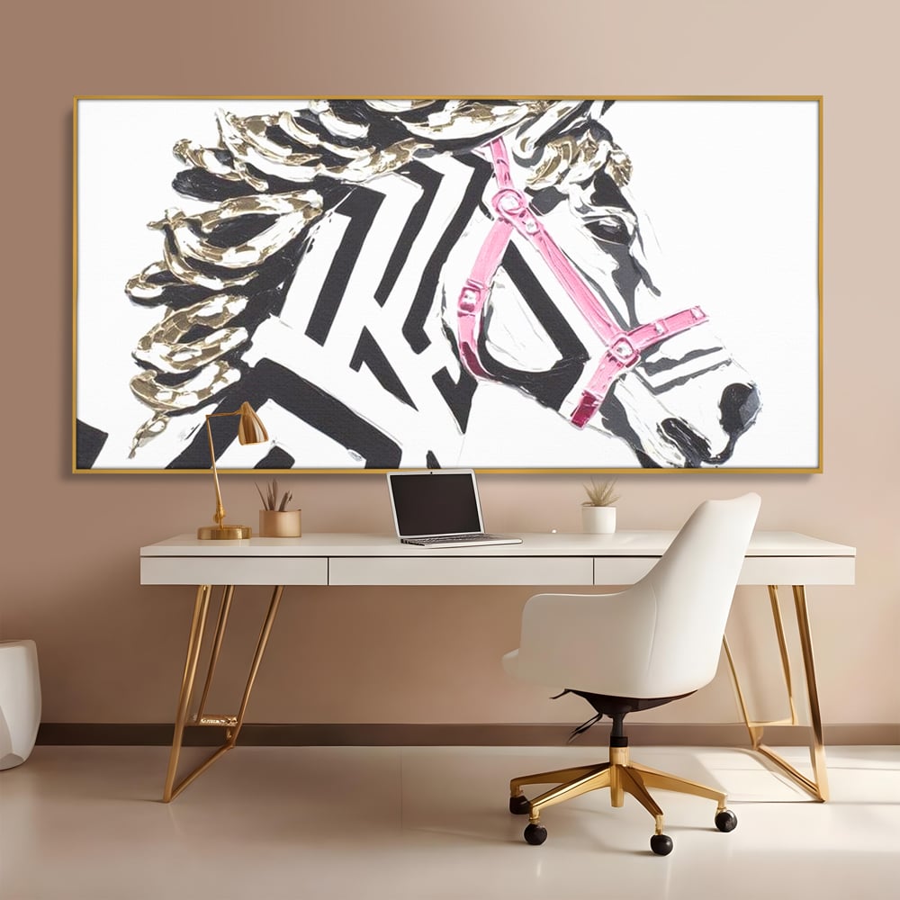 Leinwandbilder Premium, LuxCanva® M1526, Grace in einer rosa Hängematte, Streifen, Linien, Pferd, Pferdesattel, ausdrucksstark, Design, modern, Tier, Kontrast, Schlafzimmer, Büro, Wohnen, Wohnzimmer, Kinderzimmer