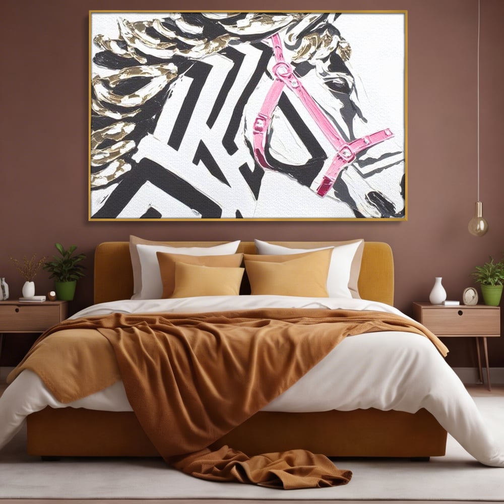 Leinwandbilder Premium, LuxCanva® M1526, Grace in einer rosa Hängematte, Streifen, Linien, Pferd, Pferdesattel, ausdrucksstark, Design, modern, Tier, Kontrast, Schlafzimmer, Büro, Wohnen, Wohnzimmer, Kinderzimmer