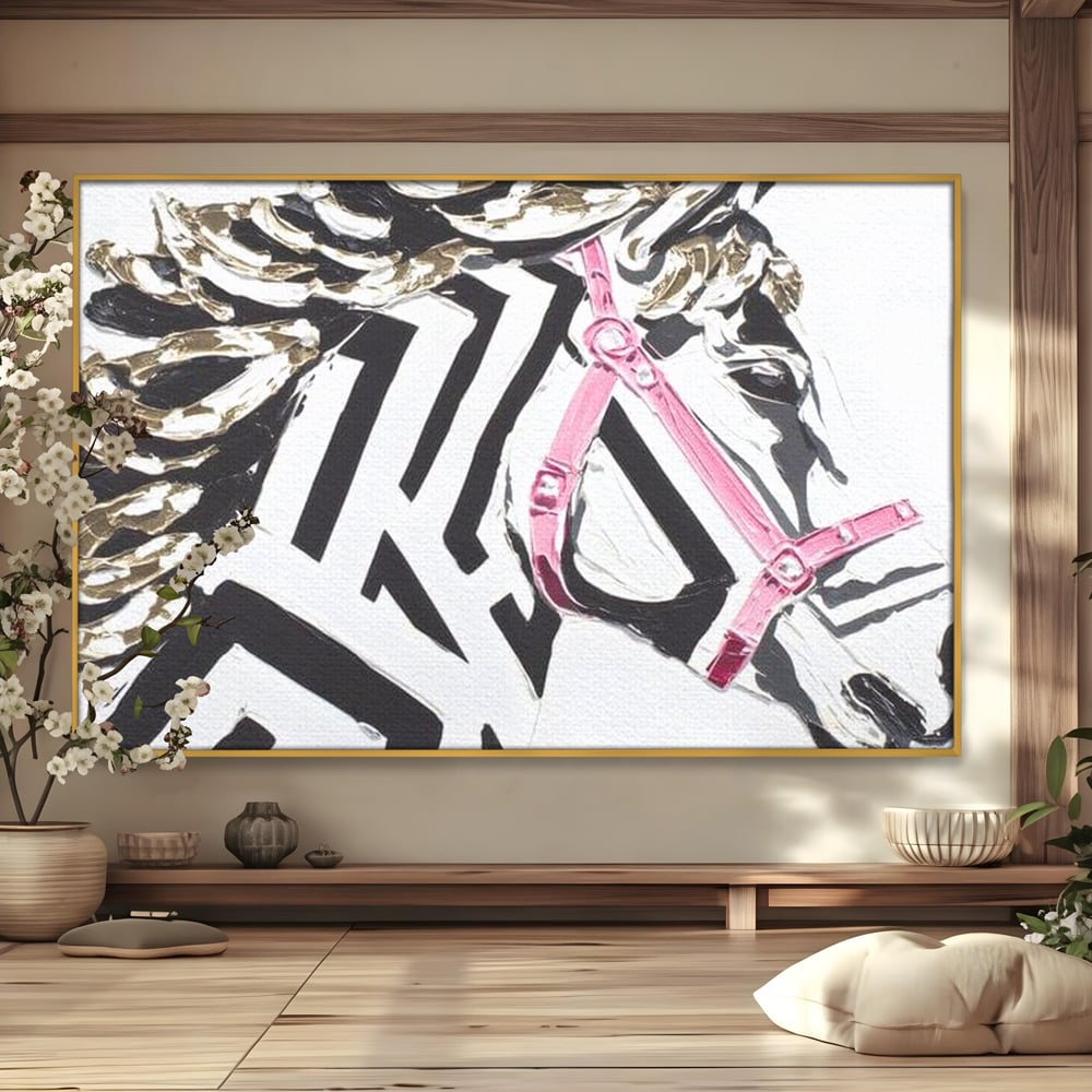 Leinwandbilder Premium, LuxCanva® M1526, Grace in einer rosa Hängematte, Streifen, Linien, Pferd, Pferdesattel, ausdrucksstark, Design, modern, Tier, Kontrast, Schlafzimmer, Büro, Wohnen, Wohnzimmer, Kinderzimmer