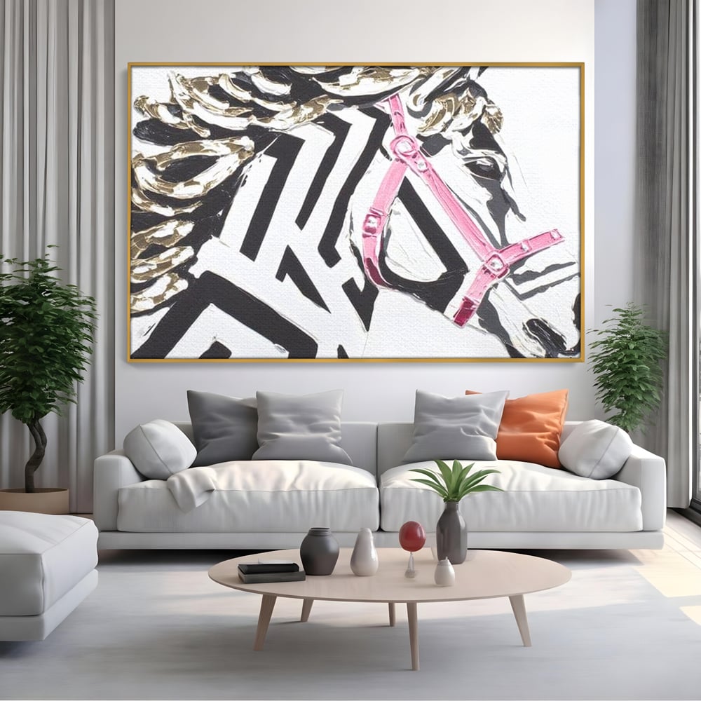 Leinwandbilder Premium, LuxCanva® M1526, Grace in einer rosa Hängematte, Streifen, Linien, Pferd, Pferdesattel, ausdrucksstark, Design, modern, Tier, Kontrast, Schlafzimmer, Büro, Wohnen, Wohnzimmer, Kinderzimmer
