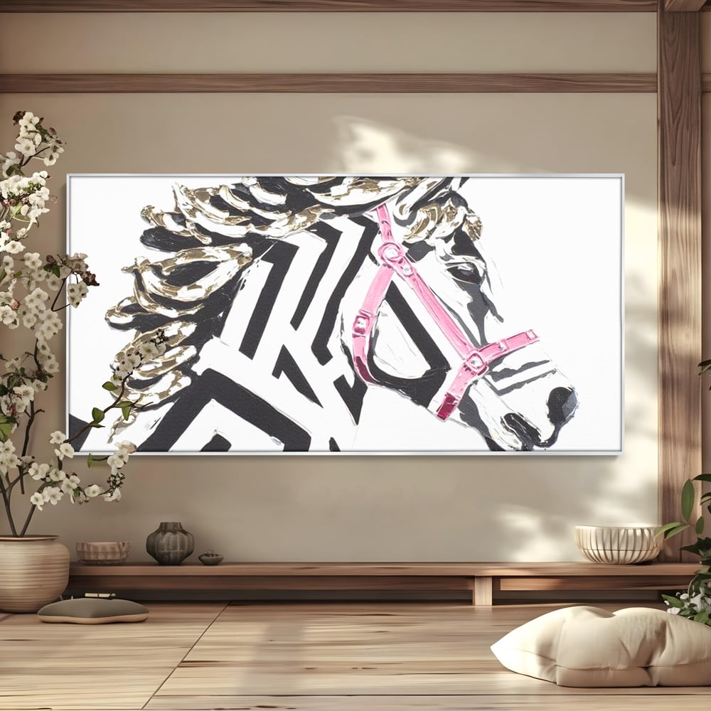 Leinwandbilder Premium, LuxCanva® M1526, Grace in einer rosa Hängematte, Streifen, Linien, Pferd, Pferdesattel, ausdrucksstark, Design, modern, Tier, Kontrast, Schlafzimmer, Büro, Wohnen, Wohnzimmer, Kinderzimmer