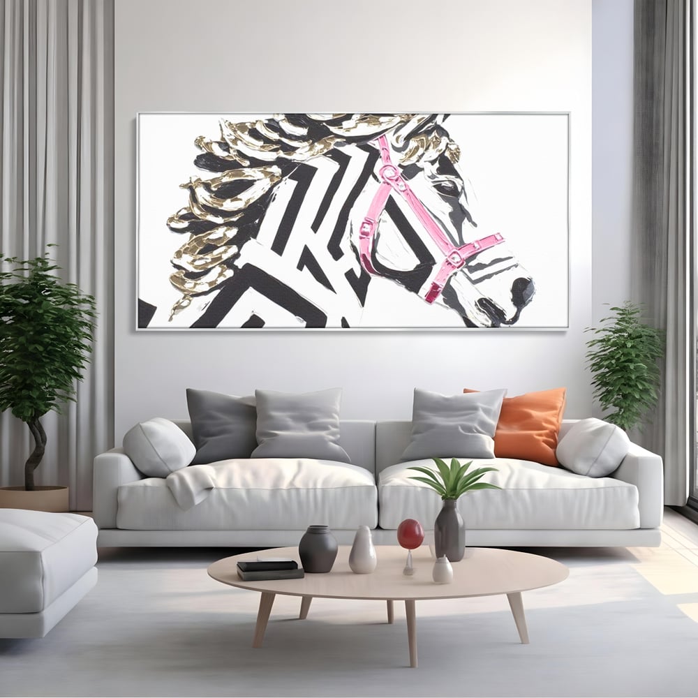 Leinwandbilder Premium, LuxCanva® M1526, Grace in einer rosa Hängematte, Streifen, Linien, Pferd, Pferdesattel, ausdrucksstark, Design, modern, Tier, Kontrast, Schlafzimmer, Büro, Wohnen, Wohnzimmer, Kinderzimmer