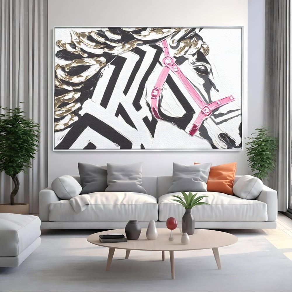 Leinwandbilder Premium, LuxCanva® M1526, Grace in einer rosa Hängematte, Streifen, Linien, Pferd, Pferdesattel, ausdrucksstark, Design, modern, Tier, Kontrast, Schlafzimmer, Büro, Wohnen, Wohnzimmer, Kinderzimmer