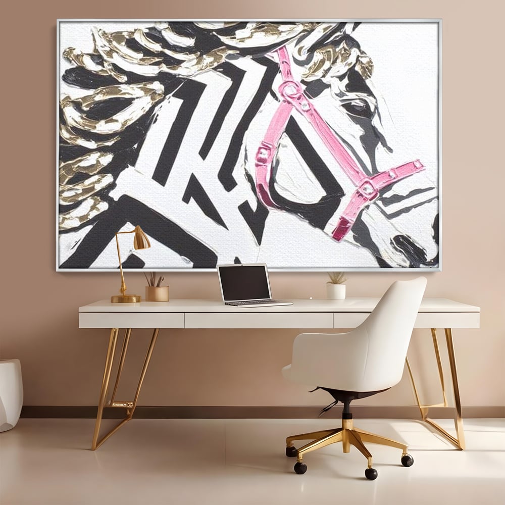 Leinwandbilder Premium, LuxCanva® M1526, Grace in einer rosa Hängematte, Streifen, Linien, Pferd, Pferdesattel, ausdrucksstark, Design, modern, Tier, Kontrast, Schlafzimmer, Büro, Wohnen, Wohnzimmer, Kinderzimmer